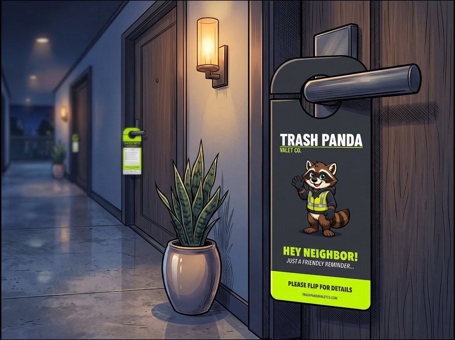 Branded Trash Panda door hanger on a luxury apartment door
