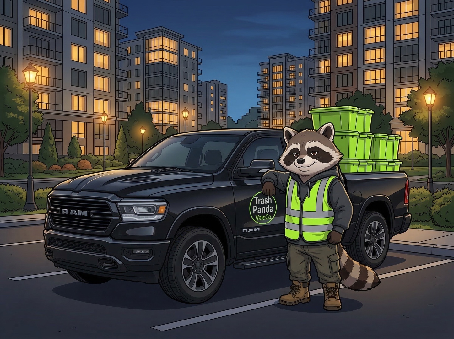 Parker the raccoon mascot standing beside a branded vehicle at night