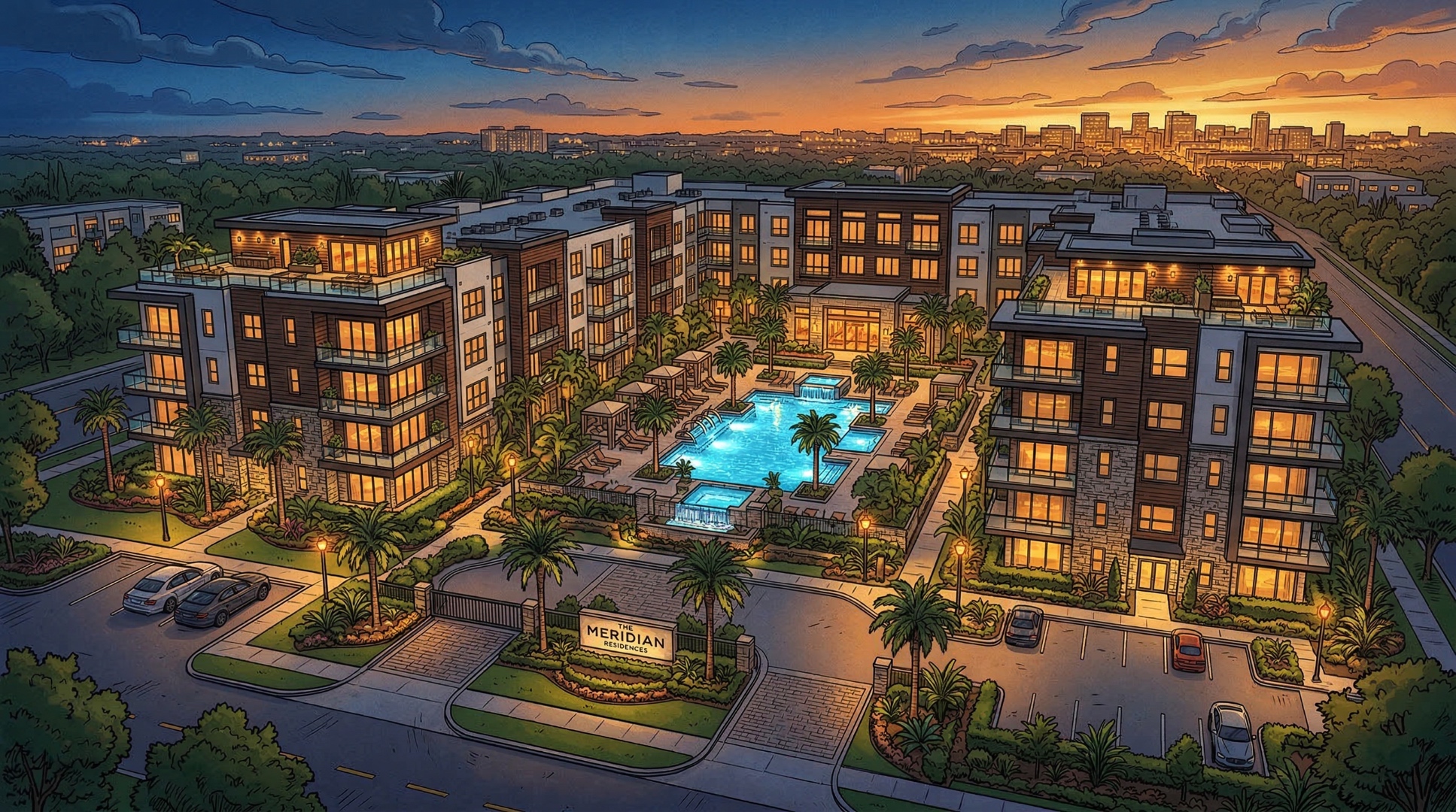 Luxury apartment community at dusk in Orlando, Florida